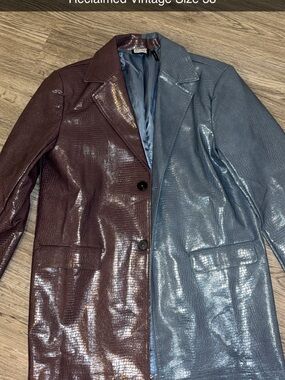 ASOS Two-Tone Faux Leather Coat in Burgundy and Slate Blue